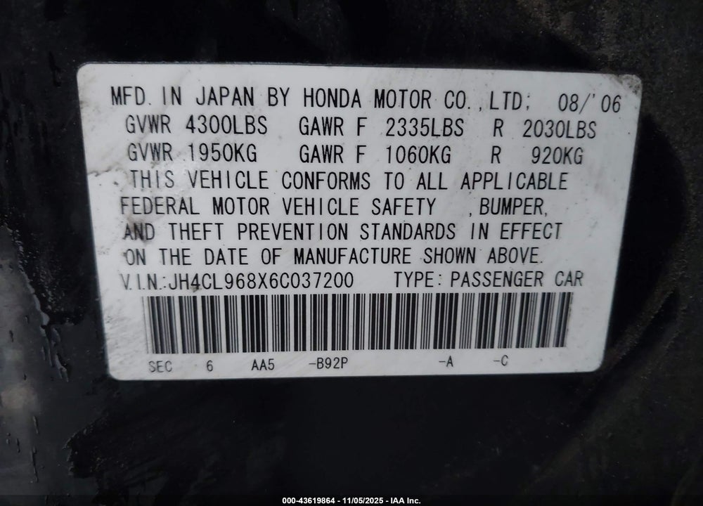 2006 ACURA TSX VIN: JH4CL968X6C037200