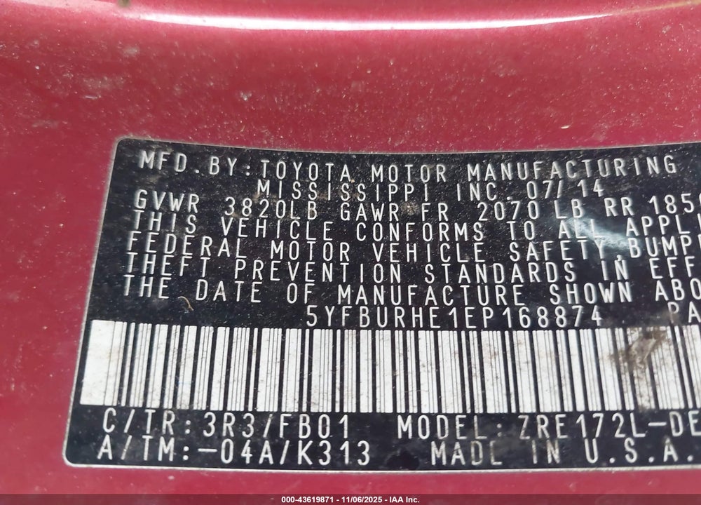 2014 TOYOTA COROLLA LE VIN: 5YFBURHE1EP168874