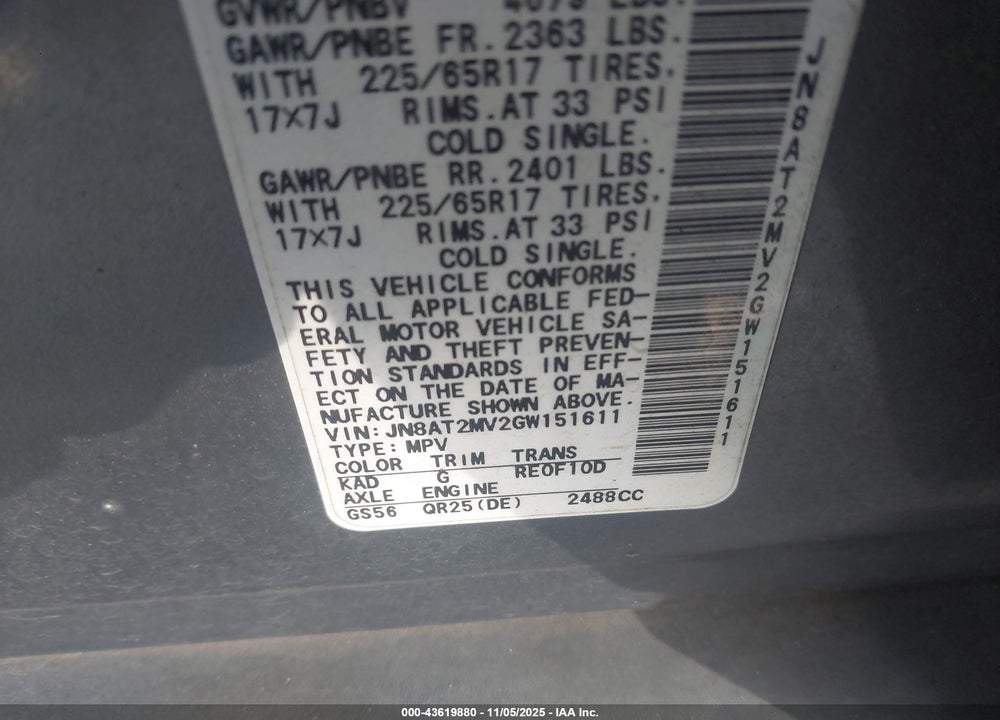 2016 NISSAN ROGUE VIN: JN8AT2MV2GW151611
