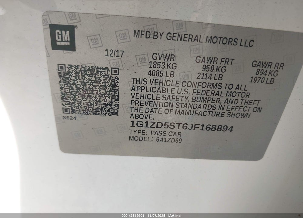 2018 CHEVROLET MALIBU LT VIN: 1G1ZD5ST6JF168894