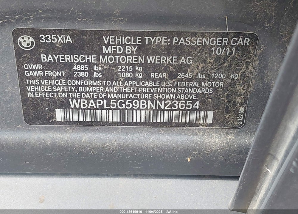2011 BMW 3 SERIES VIN: WBAPL5G59BNN23654