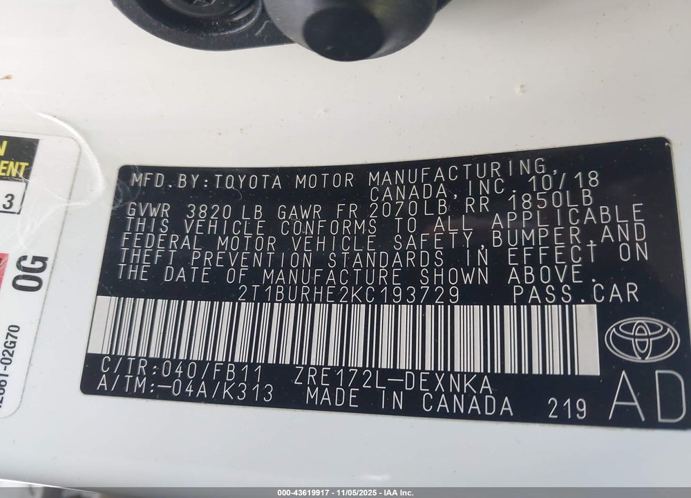 2019 TOYOTA COROLLA LE VIN: 2T1BURHE2KC193729