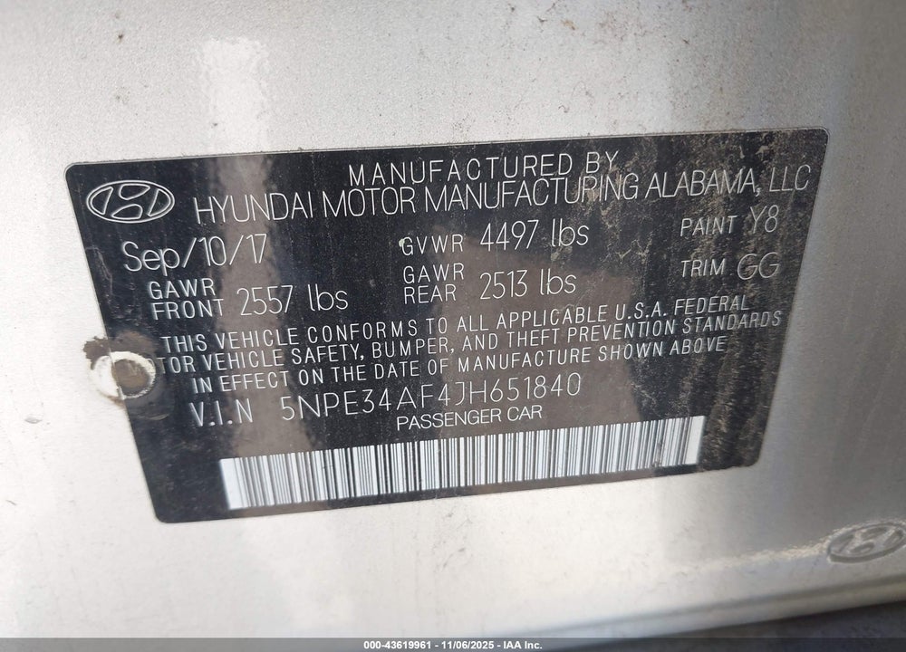 2018 HYUNDAI SONATA VIN: 5NPE34AF4JH651840