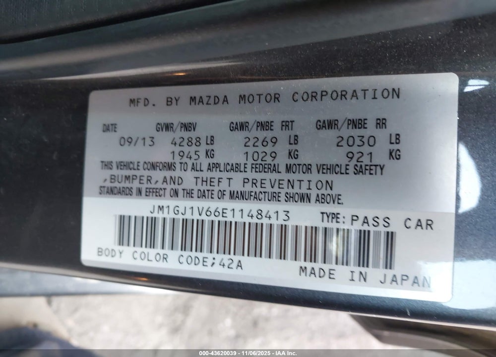 2014 MAZDA 6 VIN: JM1GJ1V66E1148413