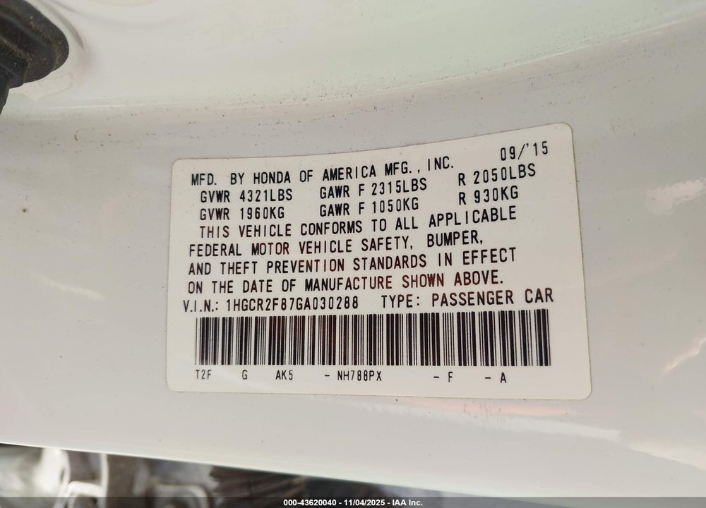2016 HONDA ACCORD EX-L VIN: 1HGCR2F87GA030288