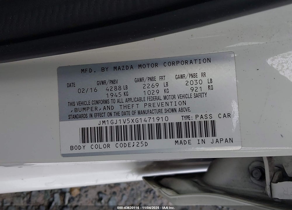 2016 MAZDA 6 I TOURING VIN: JM1GJ1V5XG1471910