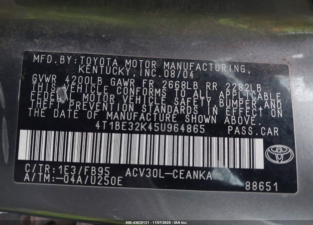 2005 TOYOTA CAMRY LE VIN: 4T1BE32K45U964865