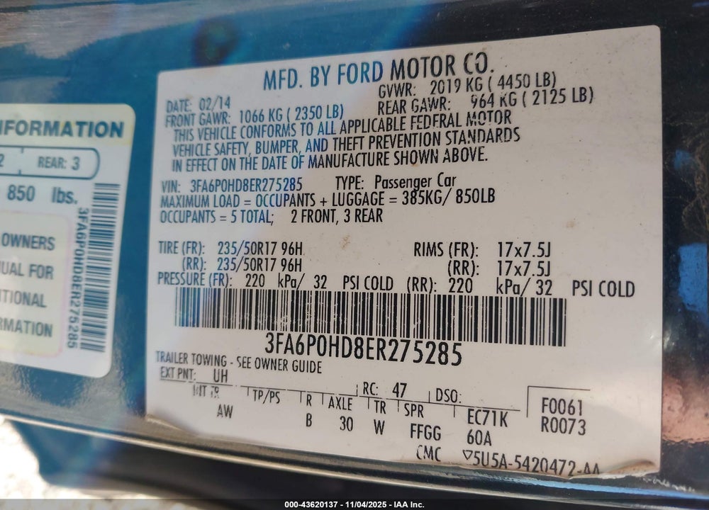 2014 FORD FUSION SE VIN: 3FA6P0HD8ER275285