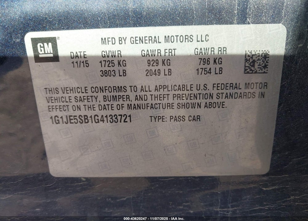 2016 CHEVROLET SONIC LTZ AUTO VIN: 1G1JE5SB1G4133721