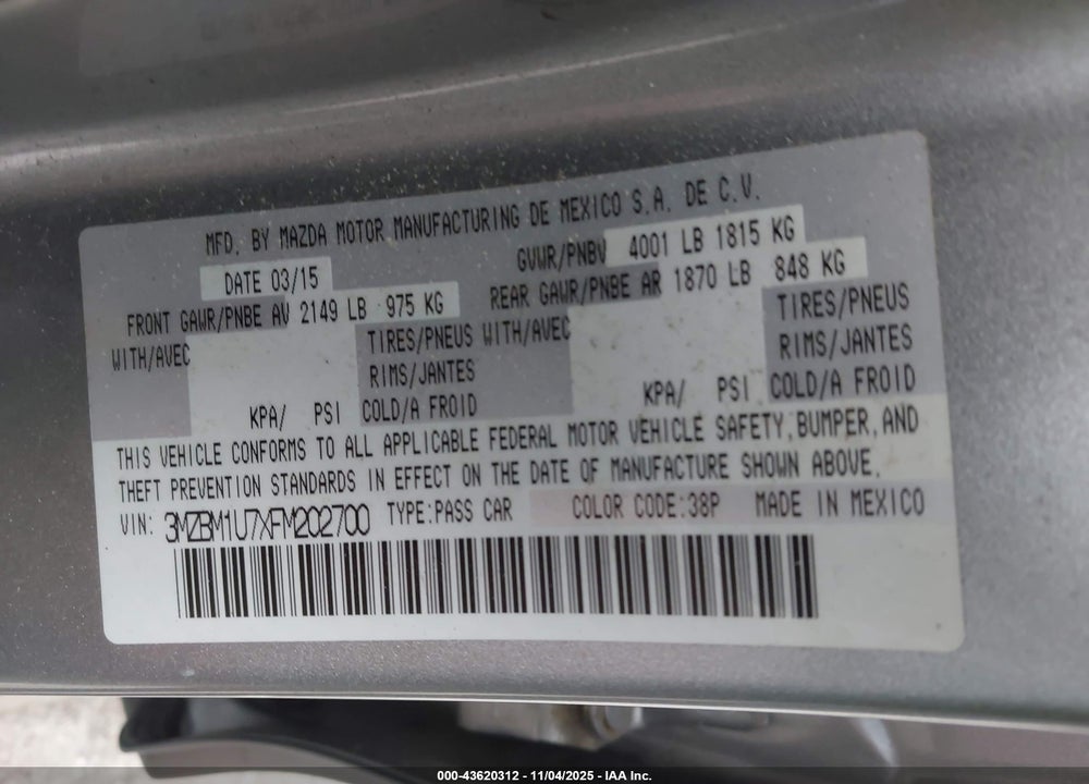 2015 MAZDA 3 I SPORT VIN: 3MZBM1U7XFM202700