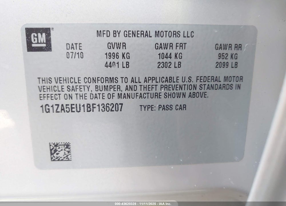 2011 CHEVROLET MALIBU LS VIN: 1G1ZA5EU1BF136207