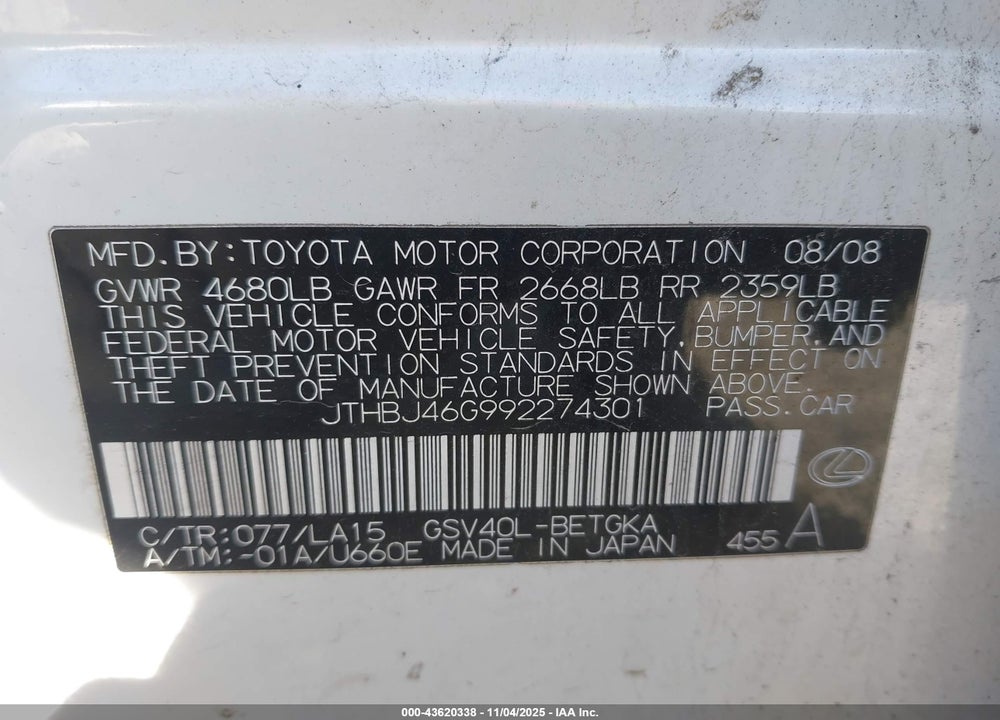 2009 LEXUS ES 350 VIN: JTHBJ46G992274301