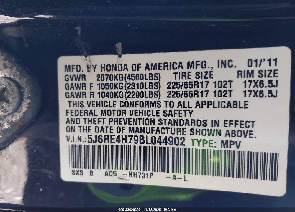 2011 HONDA CR-V VIN: 5J6RE4H79BL044902