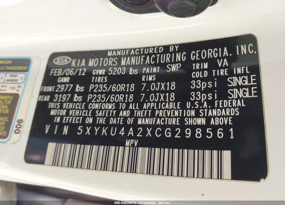 2012 KIA SORENTO EX V6 VIN: 5XYKU4A2XCG298561