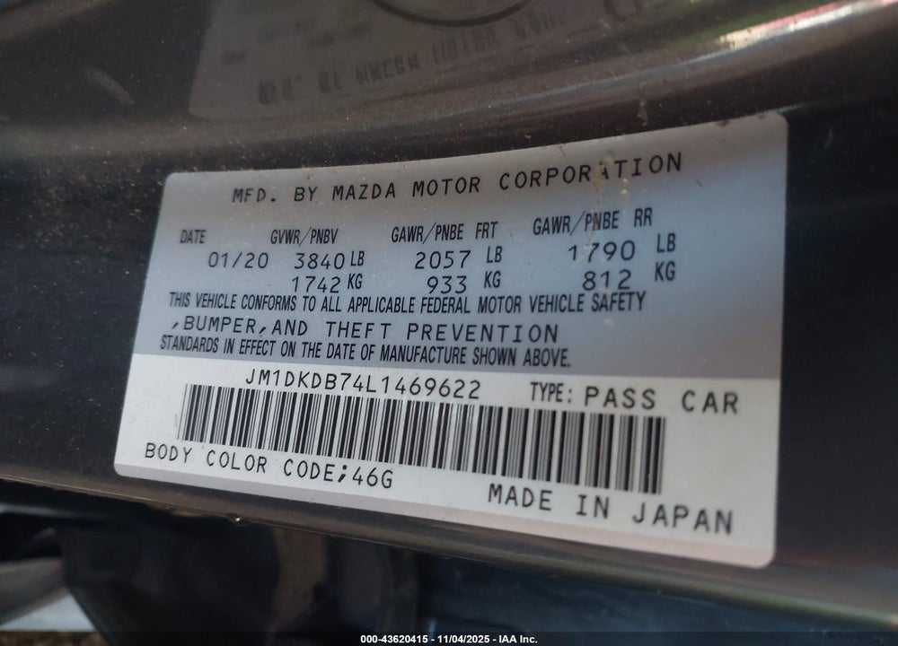 2020 MAZDA CX-3 SPORT VIN: JM1DKDB74L1469622