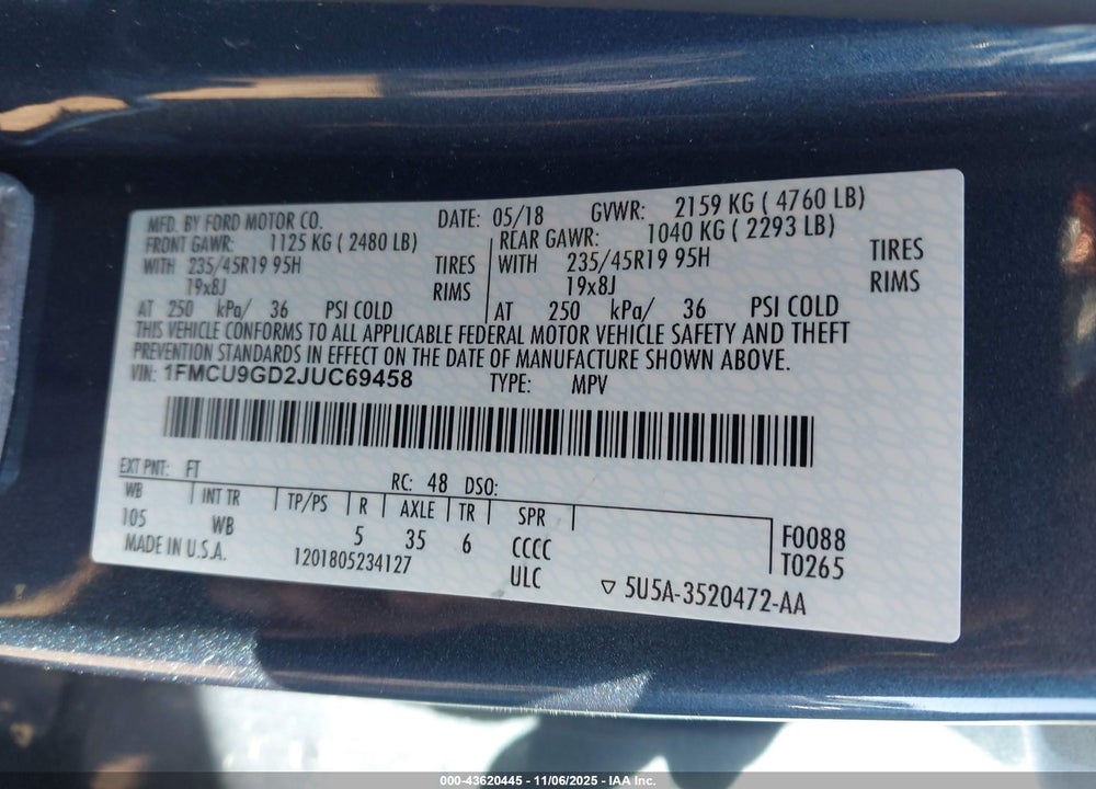 2018 FORD ESCAPE SE VIN: 1FMCU9GD2JUC69458