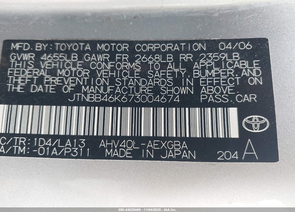 2007 TOYOTA CAMRY HYBRID VIN: JTNBB46K673004674