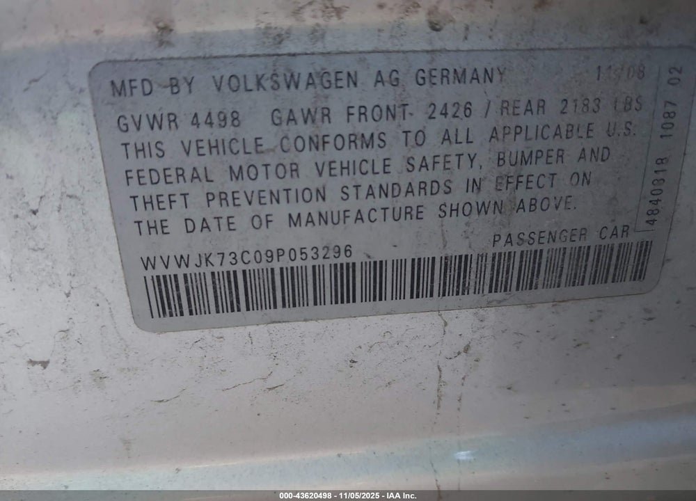 2009 VOLKSWAGEN PASSAT KOMFORT VIN: WVWJK73C09P053296
