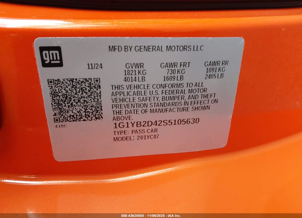 2025 CHEVROLET CORVETTE STINGRAY RWD 2LT VIN: 1G1YB2D42S5105630