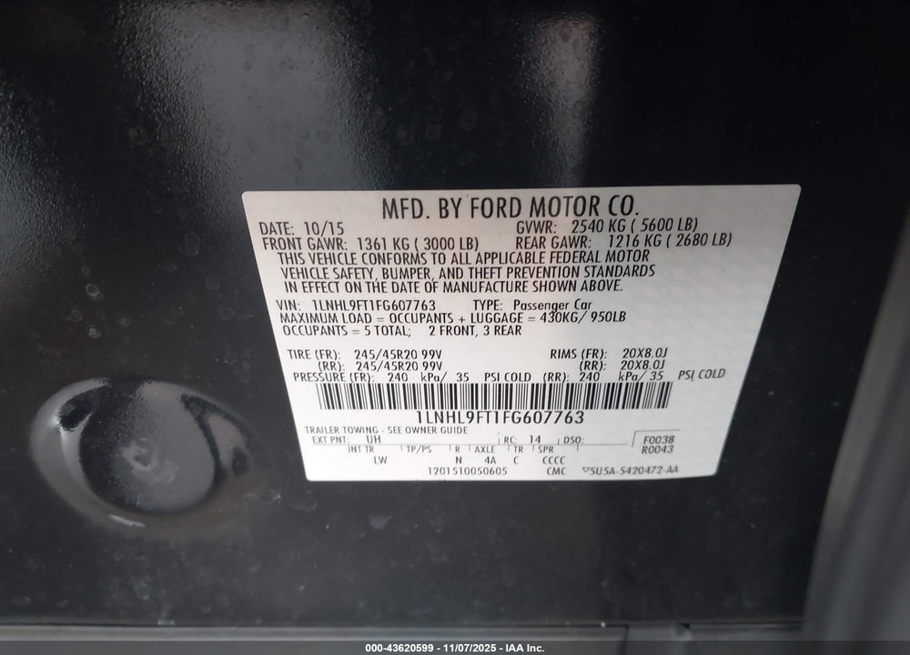2015 LINCOLN MKS ECOBOOST VIN: 1LNHL9FT1FG607763