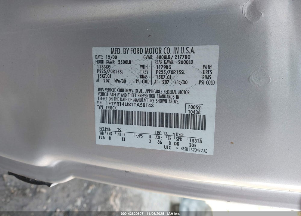 2001 FORD RANGER EDGE/XL/XLT VIN: 1FTYR14U81TA58143