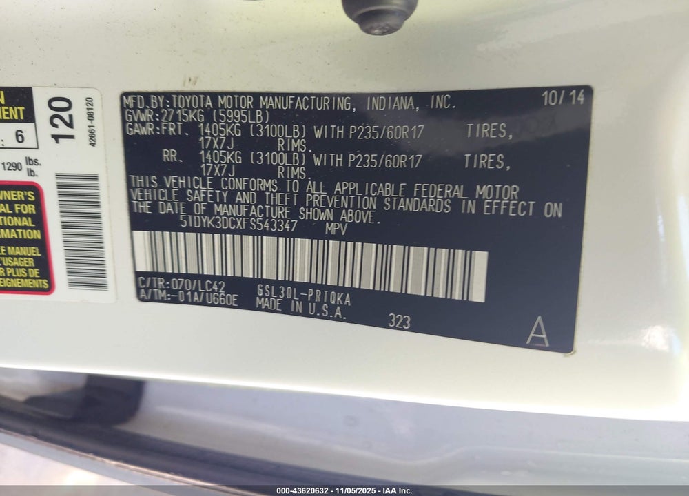 2015 TOYOTA SIENNA XLE PREMIUM 8 PASSENGER VIN: 5TDYK3DCXFS543347