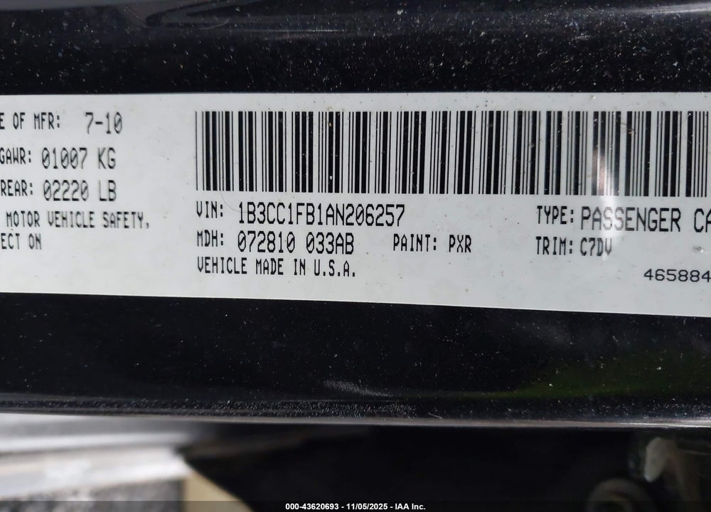 2010 DODGE AVENGER EXPRESS VIN: 1B3CC1FB1AN206257