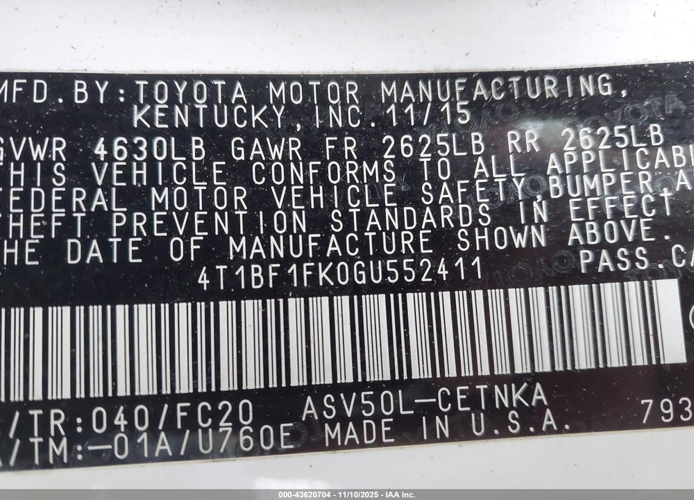 2016 TOYOTA CAMRY VIN: 4T1BF1FK0GU552411