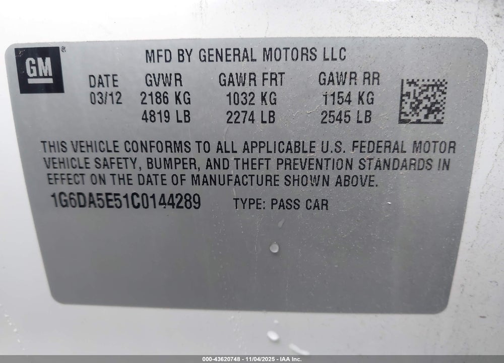2012 CADILLAC CTS VIN: 1G6DA5E51C0144289