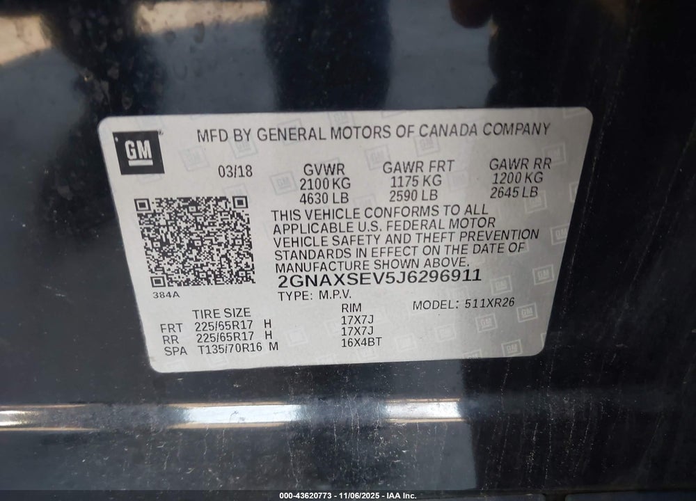 2018 CHEVROLET EQUINOX VIN: 2GNAXSEV5J6296911