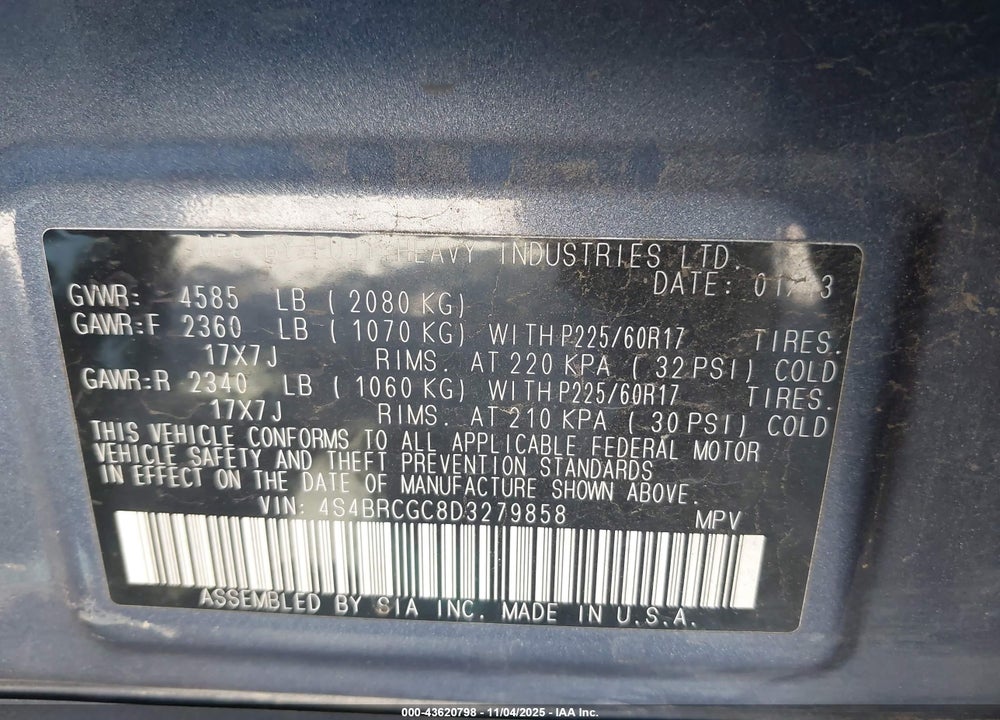 2013 SUBARU OUTBACK 2.5I PREMIUM VIN: 4S4BRCGC8D3279858