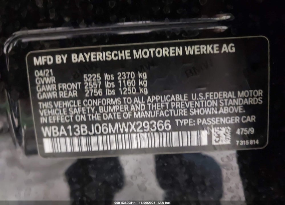 2021 BMW 5 SERIES VIN: WBA13BJ06MWX29366
