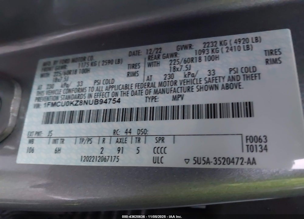 2022 FORD ESCAPE SEL PLUG-IN HYBRID VIN: 1FMCU0KZ8NUB94754