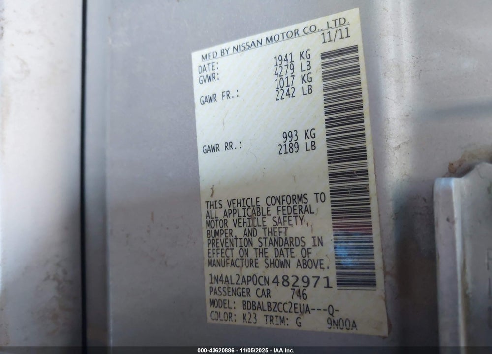 2012 NISSAN ALTIMA VIN: 1N4AL2AP0CN482971