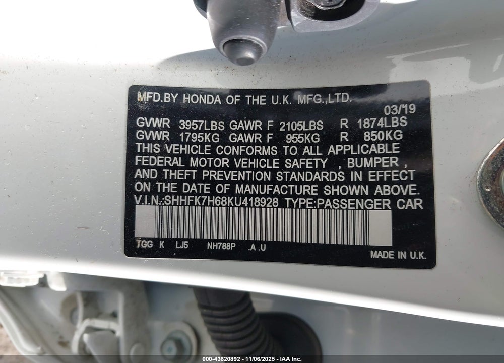 2019 HONDA CIVIC EX VIN: SHHFK7H68KU418928