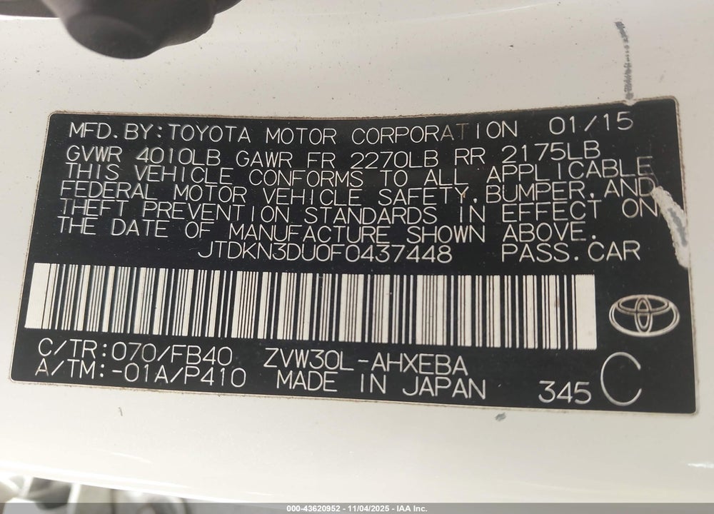 2015 TOYOTA PRIUS VIN: JTDKN3DU0F0437448