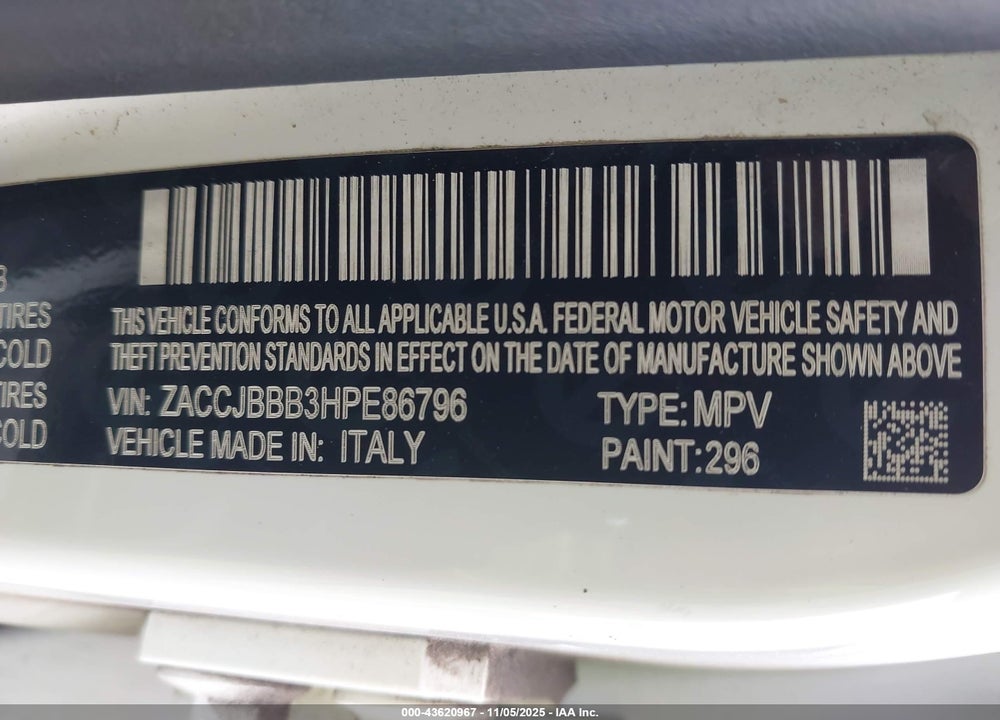 2017 JEEP RENEGADE LATITUDE 4X4 VIN: ZACCJBBB3HPE86796