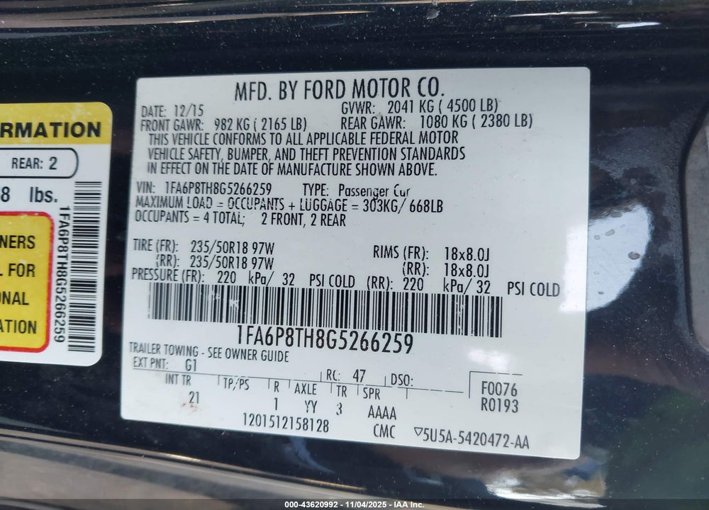 2016 FORD MUSTANG VIN: 1FA6P8TH8G5266259
