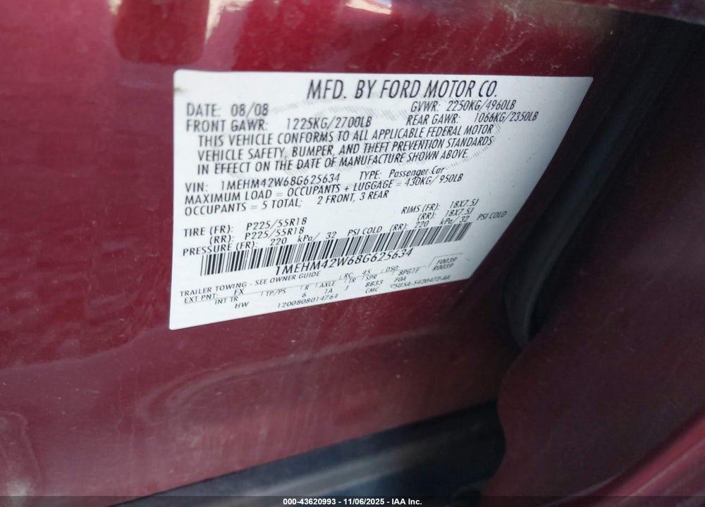 2008 MERCURY SABLE VIN: 1MEHM42W68G625634
