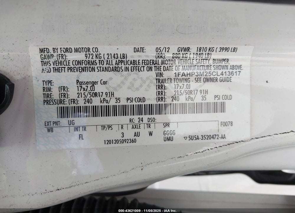 2012 FORD FOCUS SEL VIN: 1FAHP3M25CL413617