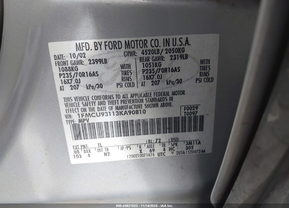 2003 FORD ESCAPE XLT VIN: 1FMCU93113KA90810