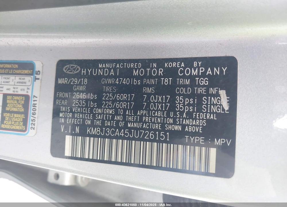 2018 HYUNDAI TUCSON SEL VIN: KM8J3CA45JU726151