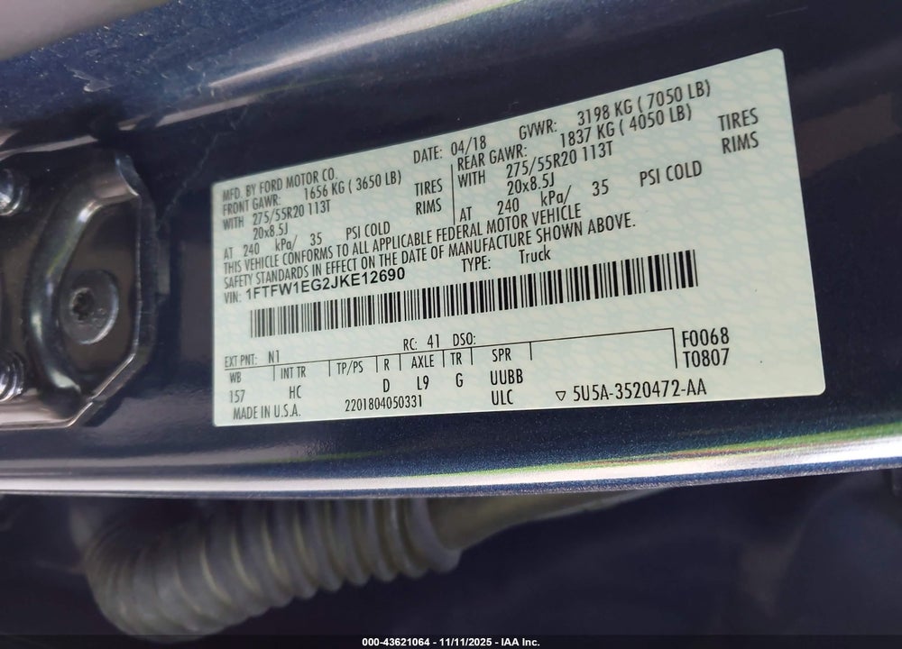 2018 FORD F-150 LARIAT VIN: 1FTFW1EG2JKE12690