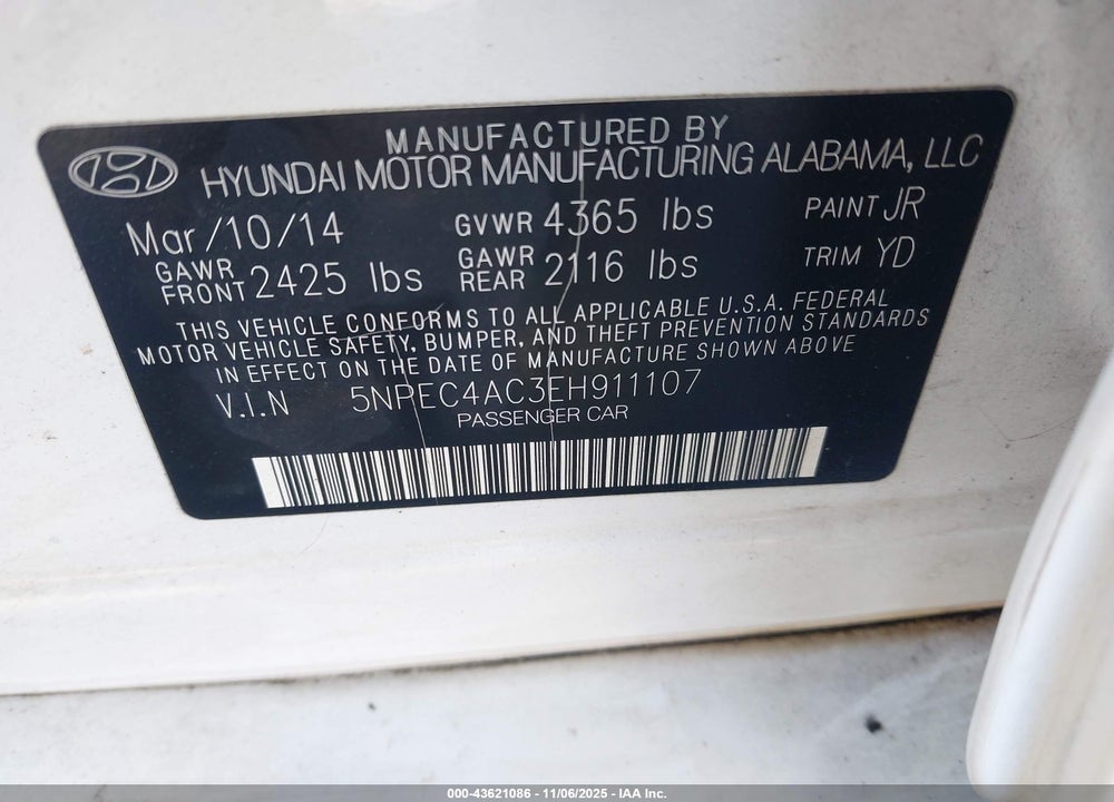 2014 HYUNDAI SONATA LIMITED VIN: 5NPEC4AC3EH911107