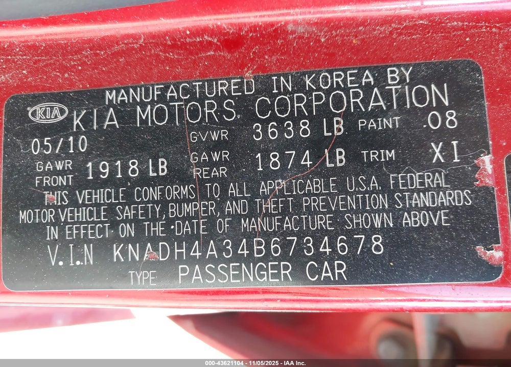 2011 KIA RIO VIN: KNADH4A34B6734678