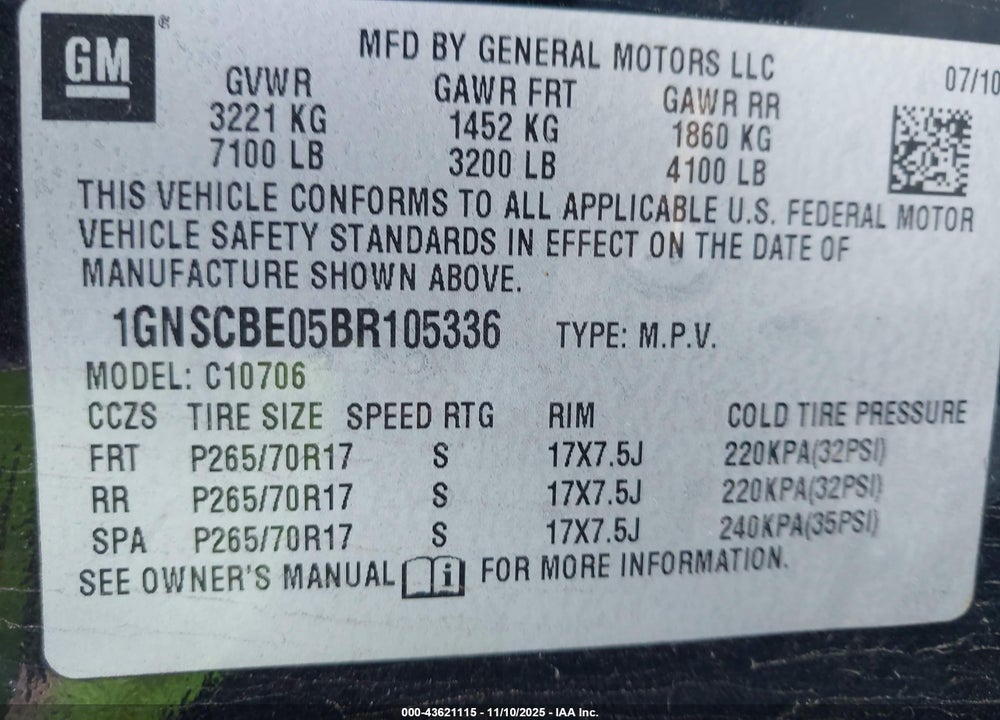 2011 CHEVROLET TAHOE LT VIN: 1GNSCBE05BR105336