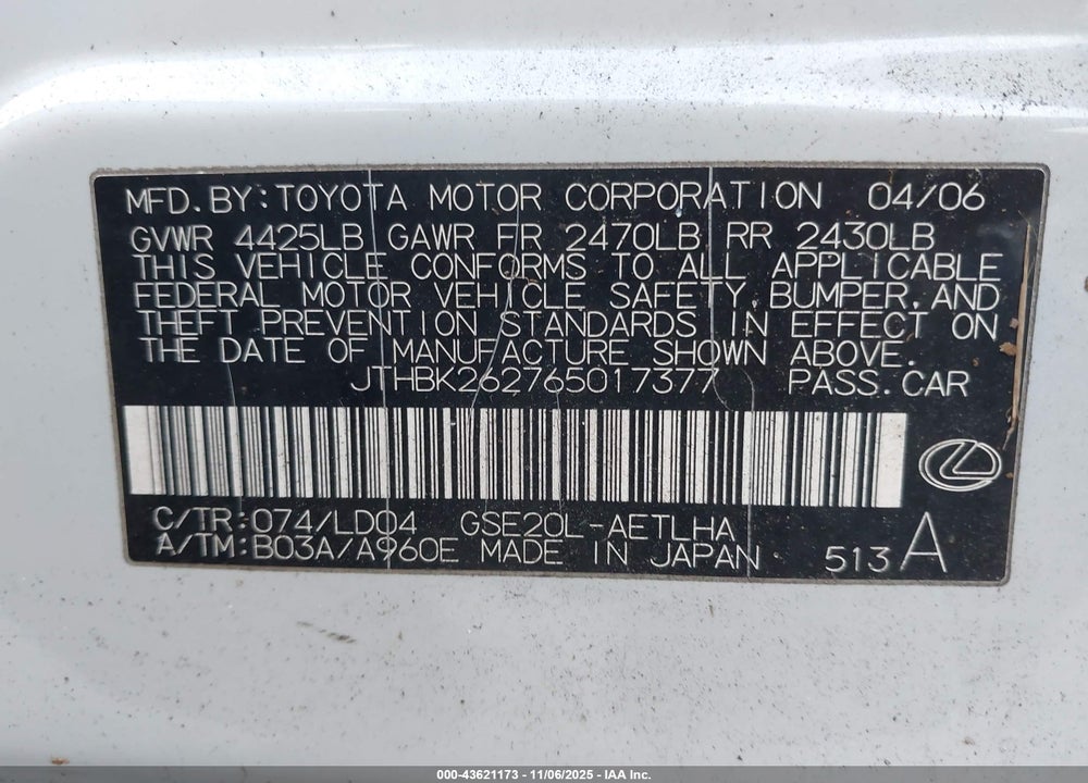 2006 LEXUS IS 250 VIN: JTHBK262765017377