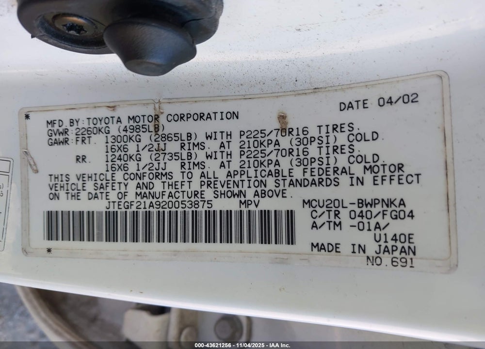 2002 TOYOTA HIGHLANDER V6 VIN: JTEGF21A920053875