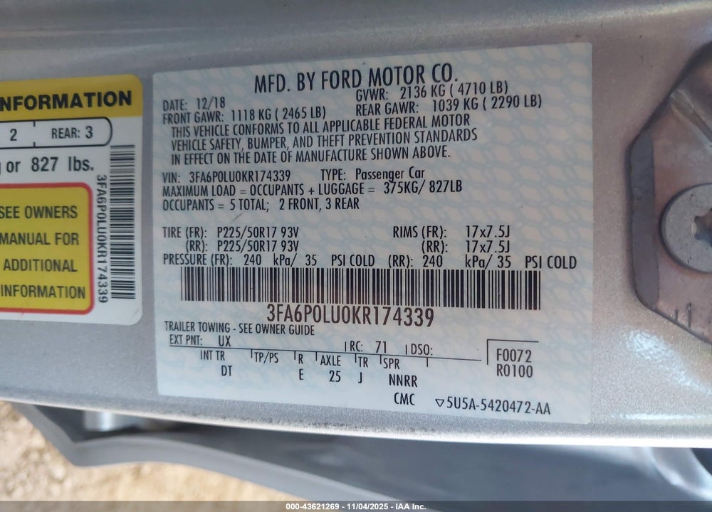 2019 FORD FUSION HYBRID SE VIN: 3FA6P0LU0KR174339