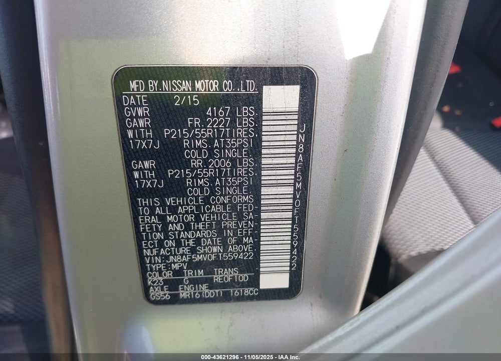 2015 NISSAN JUKE VIN: JN8AF5MV0FT559422